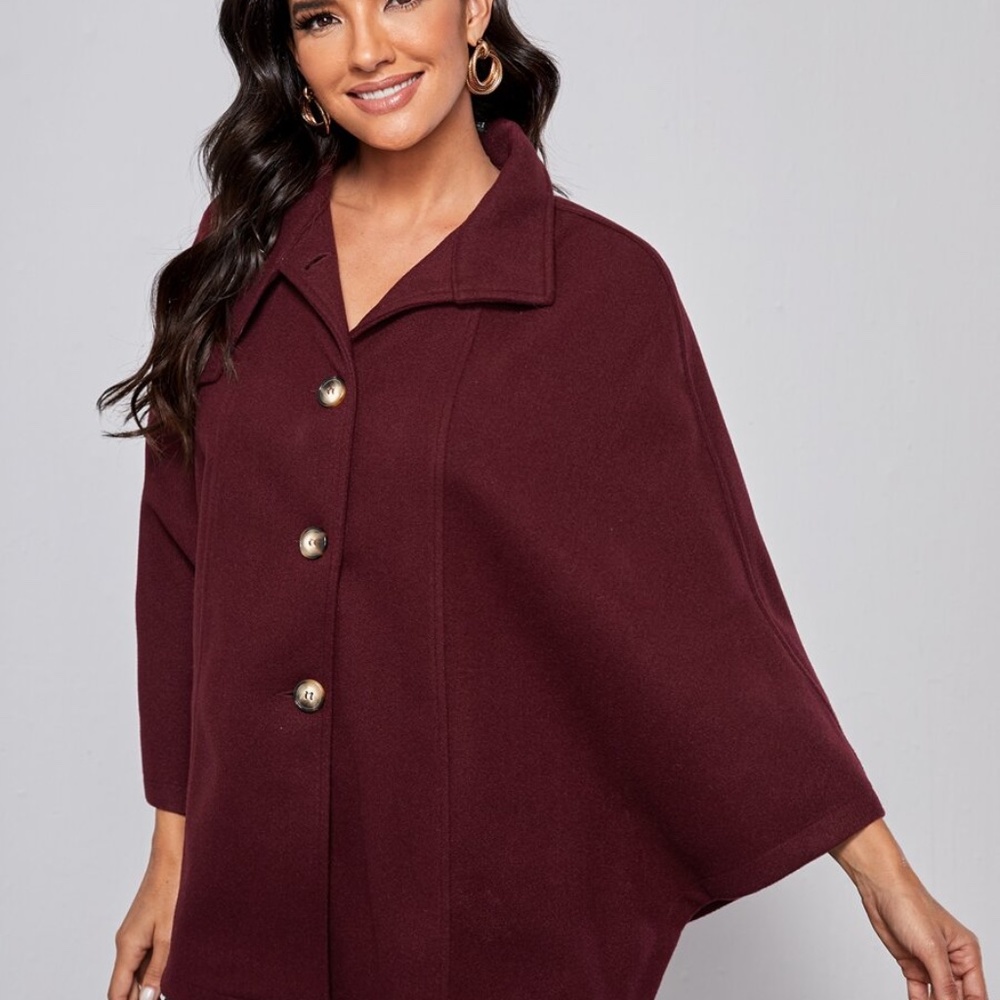 mock neck button cape pea coat cloak sleeve wine - Picture 6 of 10